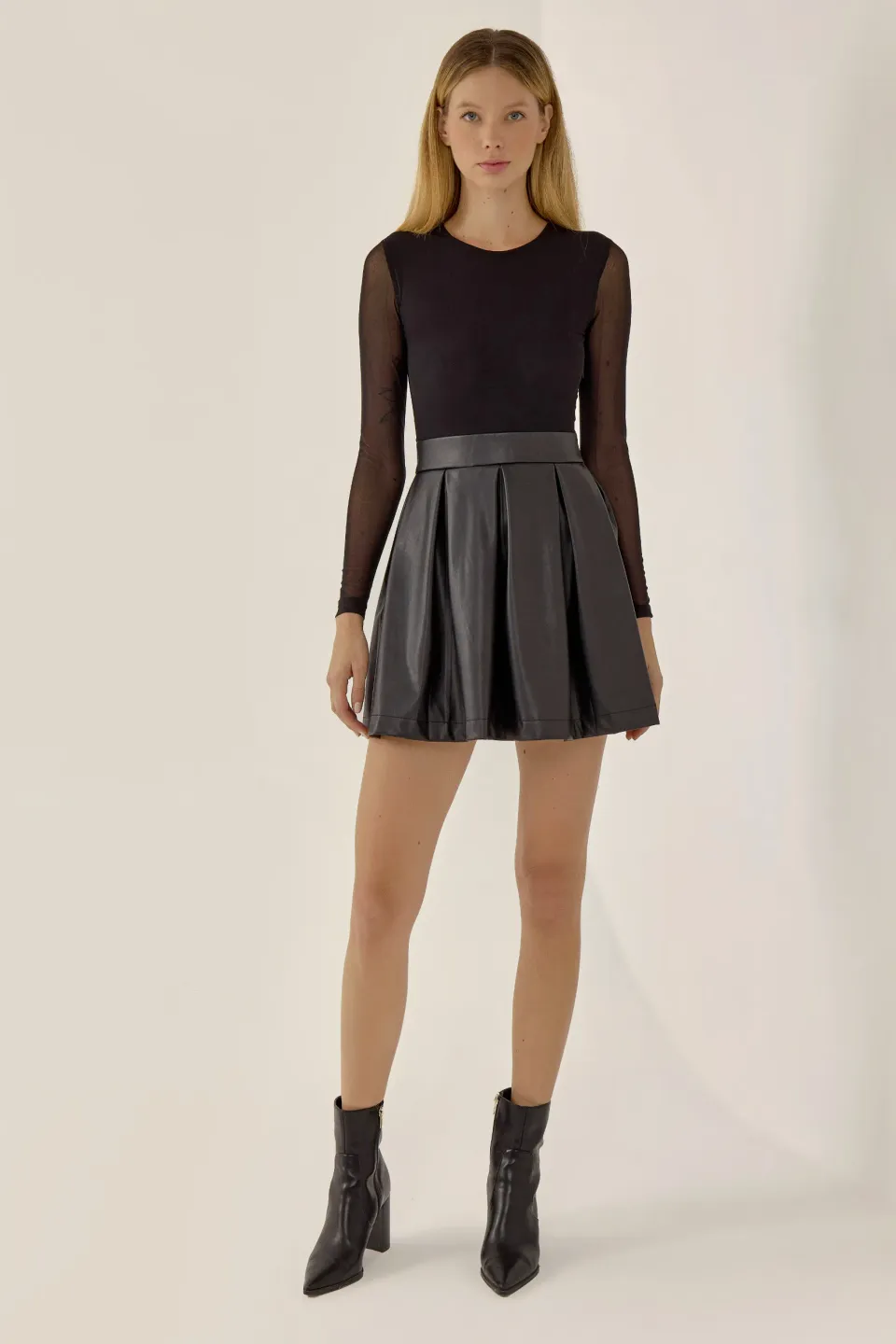  Mesh Body & Pleated PU Skirt Mini Dress