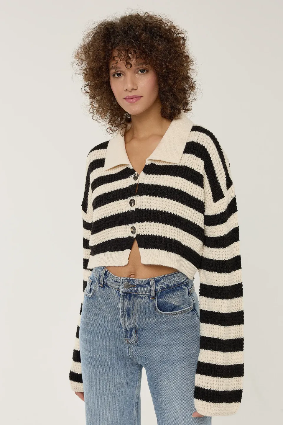 Striped Crop Sweater with Button Detail