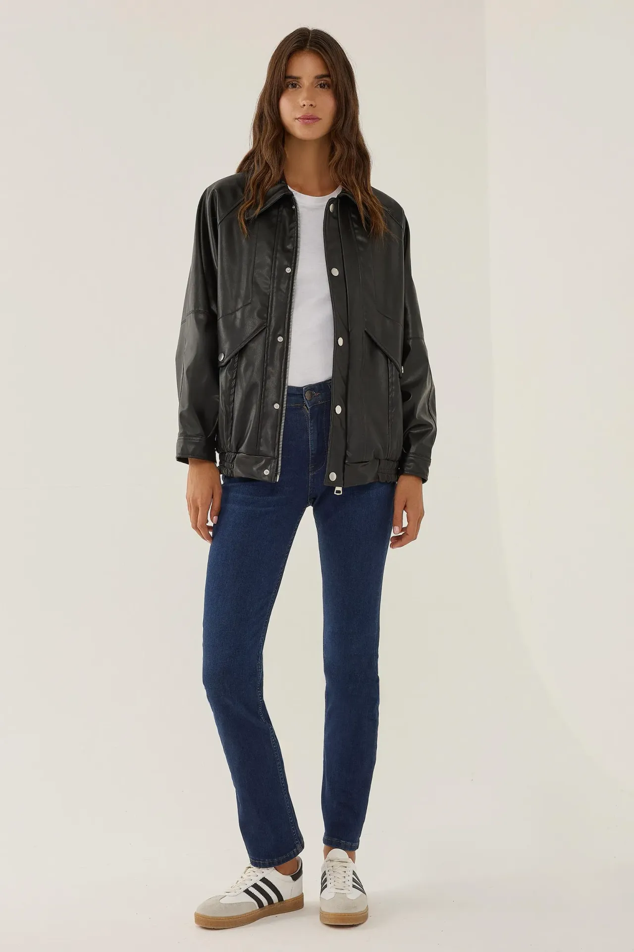 Oversized Faux Leather Jacket with Double Pockets