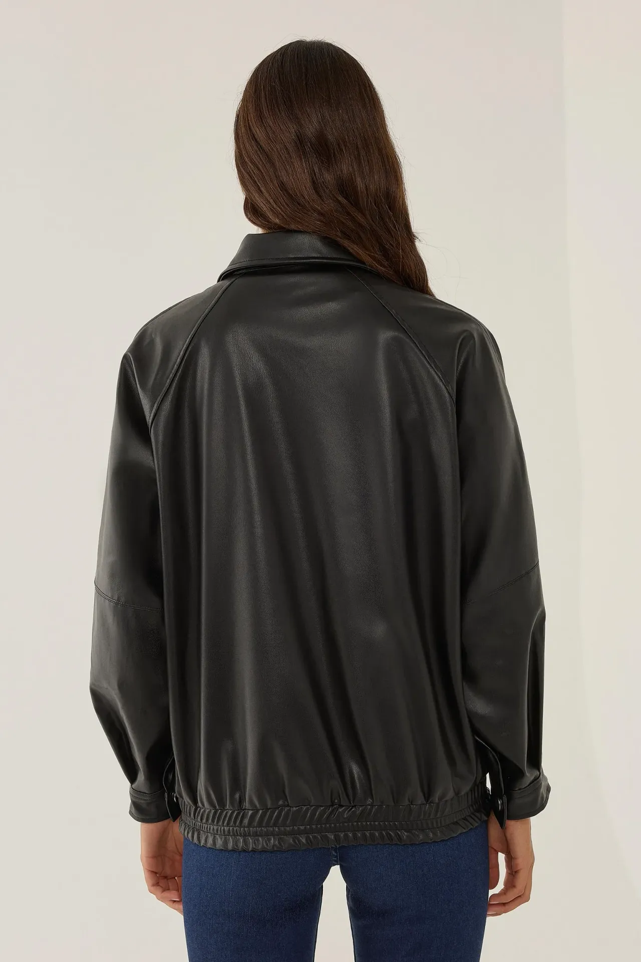 Oversized Faux Leather Jacket with Double Pockets