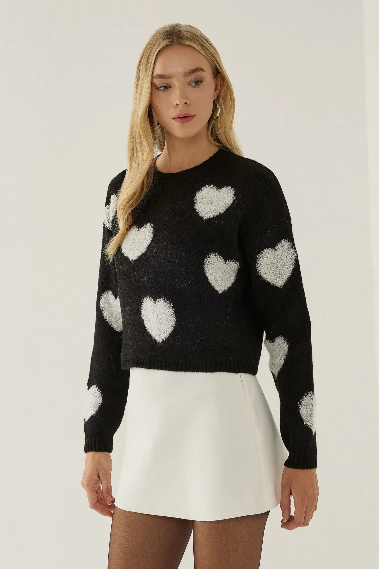 Heart Patterned Crew Neck Sweater