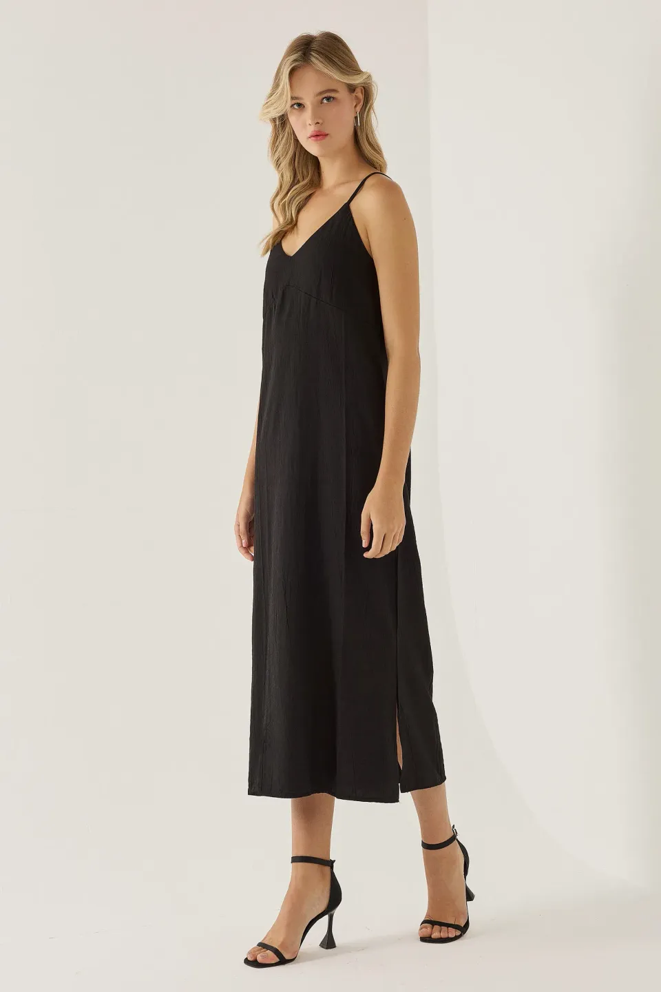 Solid Woven Sleeveless Maxi Dress with Spaghetti Straps
