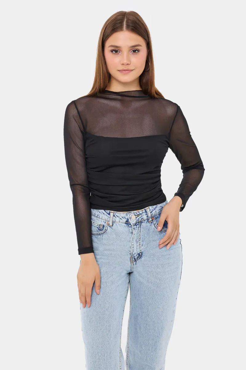 Mesh Cropped High-Neck Blouse with Ruched Detail 1