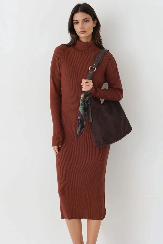 MY FASHION Ribbed Turtleneck Bodycon Knit Dress