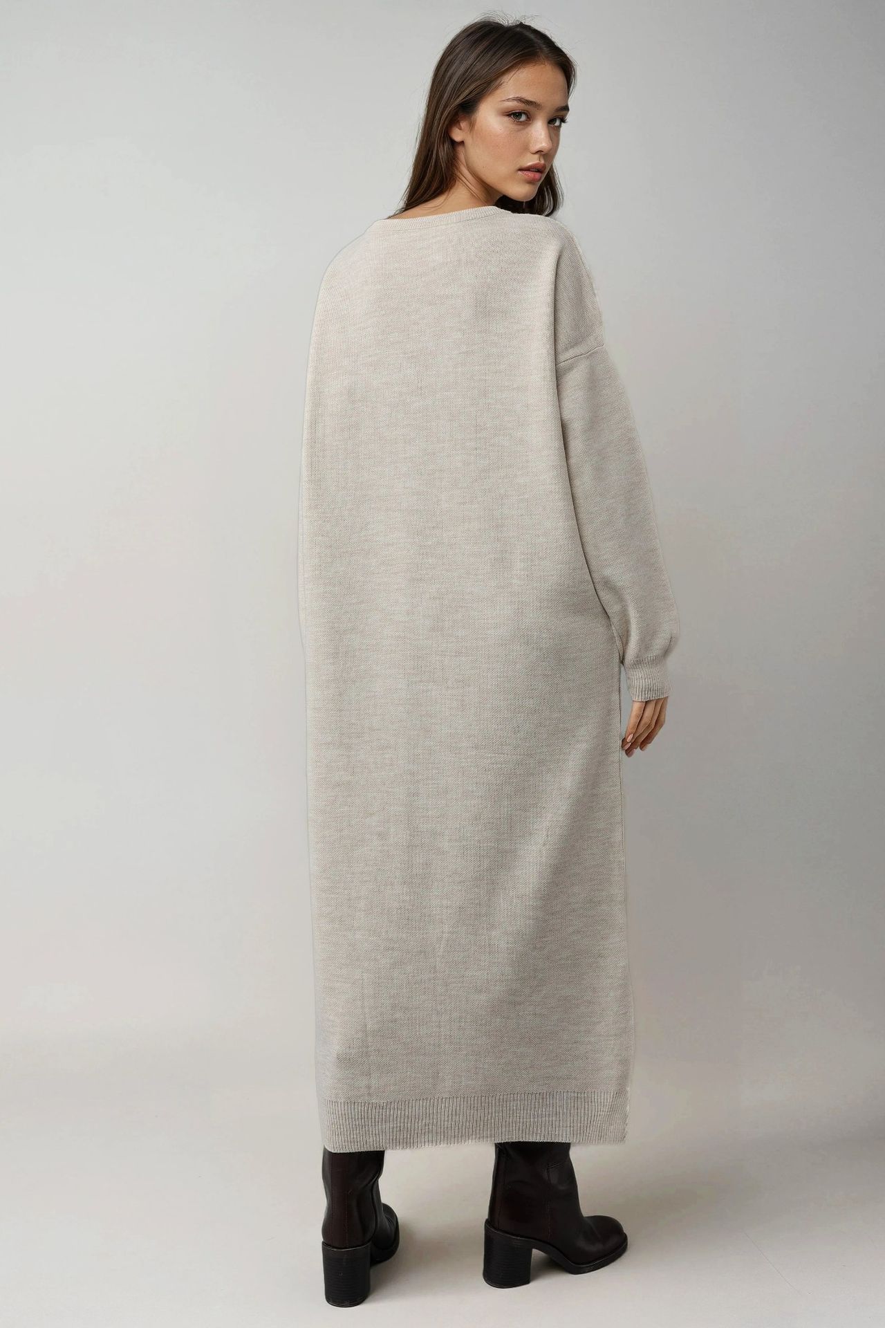 MY FASHION Textured Ribbed Long Knit Dress with Slit Detail 3