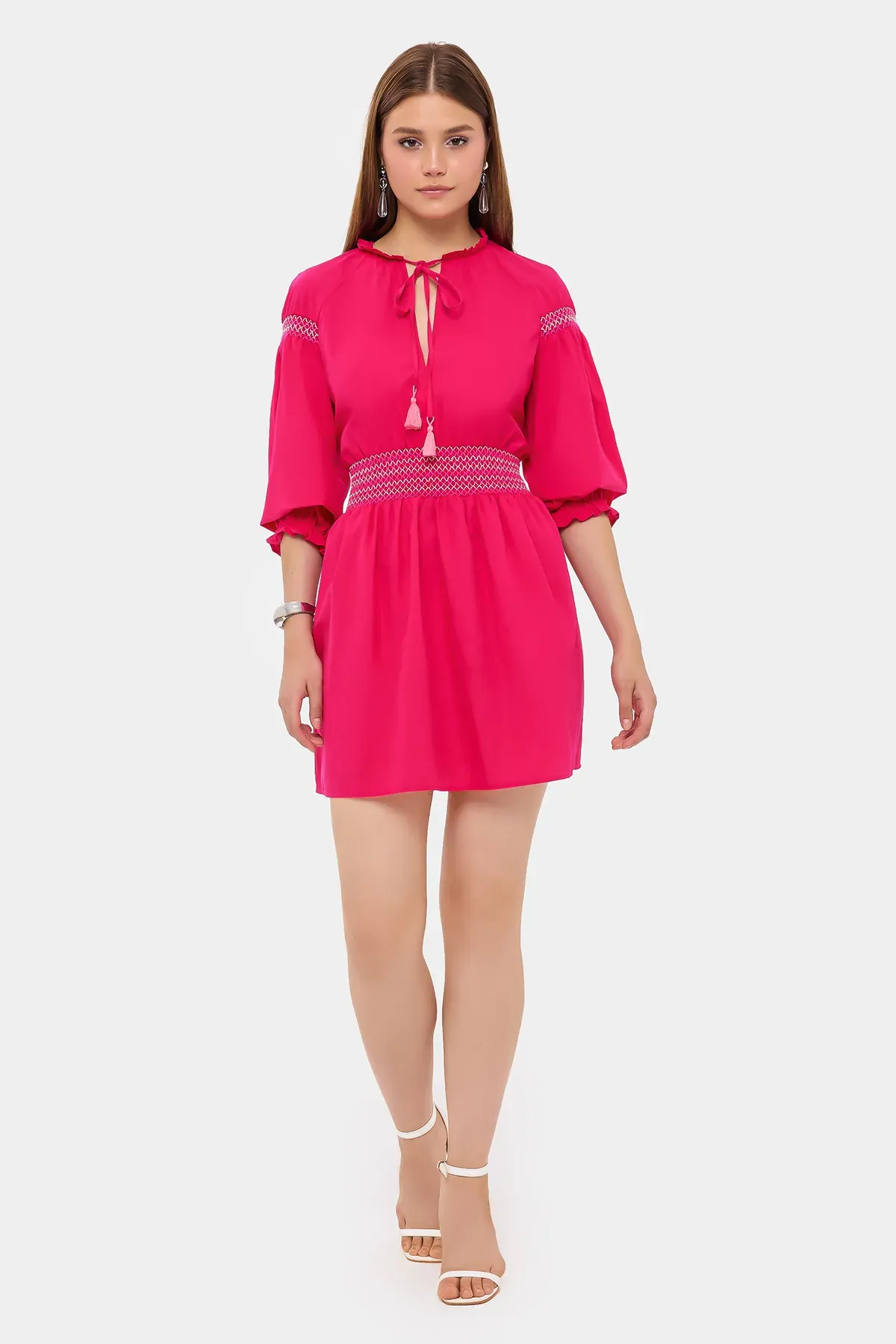 Round Neck Drawstring Mini Boho Dress with a Balloon Sleeves 1