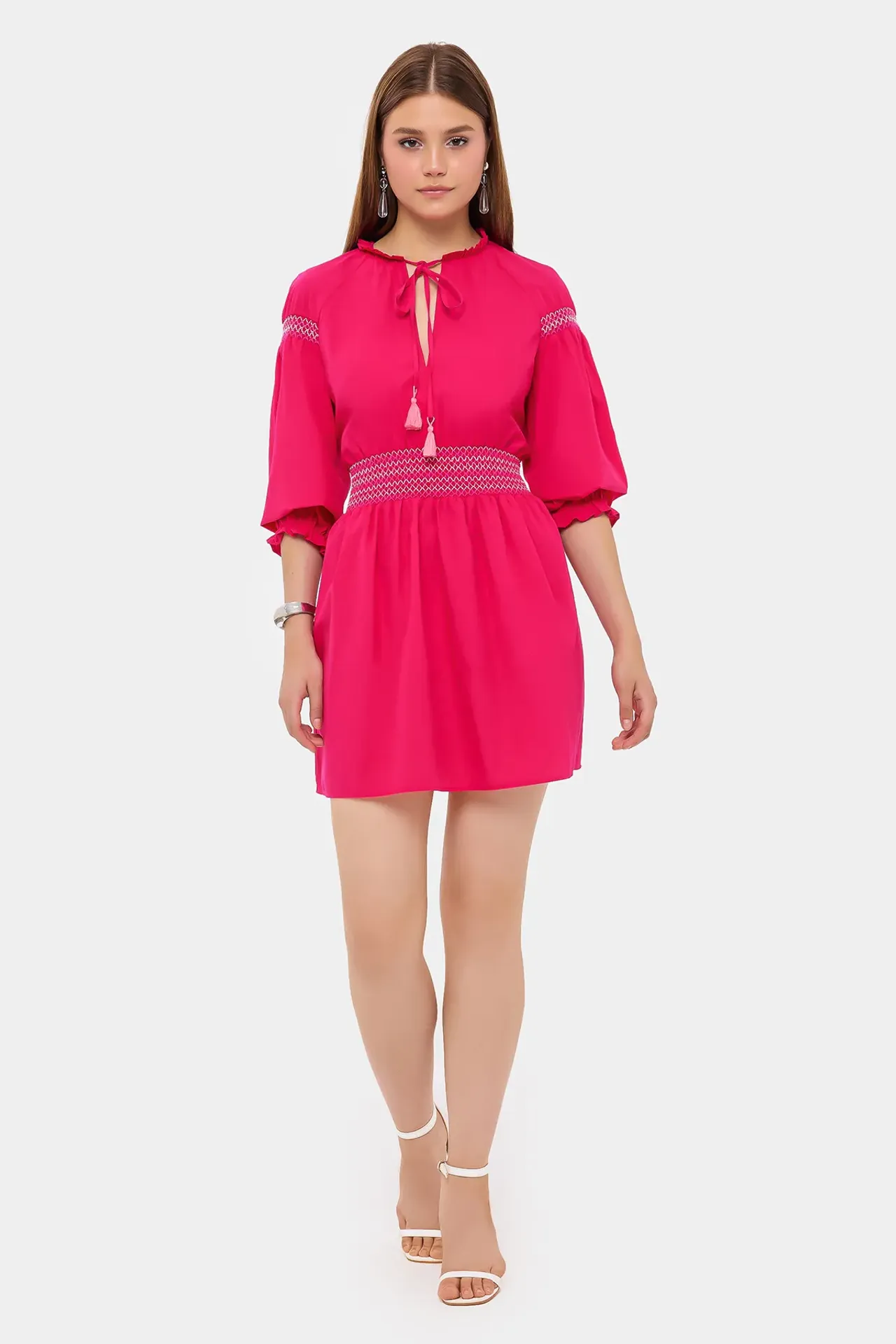 Round Neck Drawstring Mini Boho Dress with a Balloon Sleeves