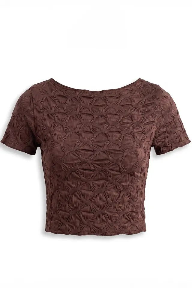 Short Sleeve Textured Boat Neck Slim Fit Crop T-Shirt