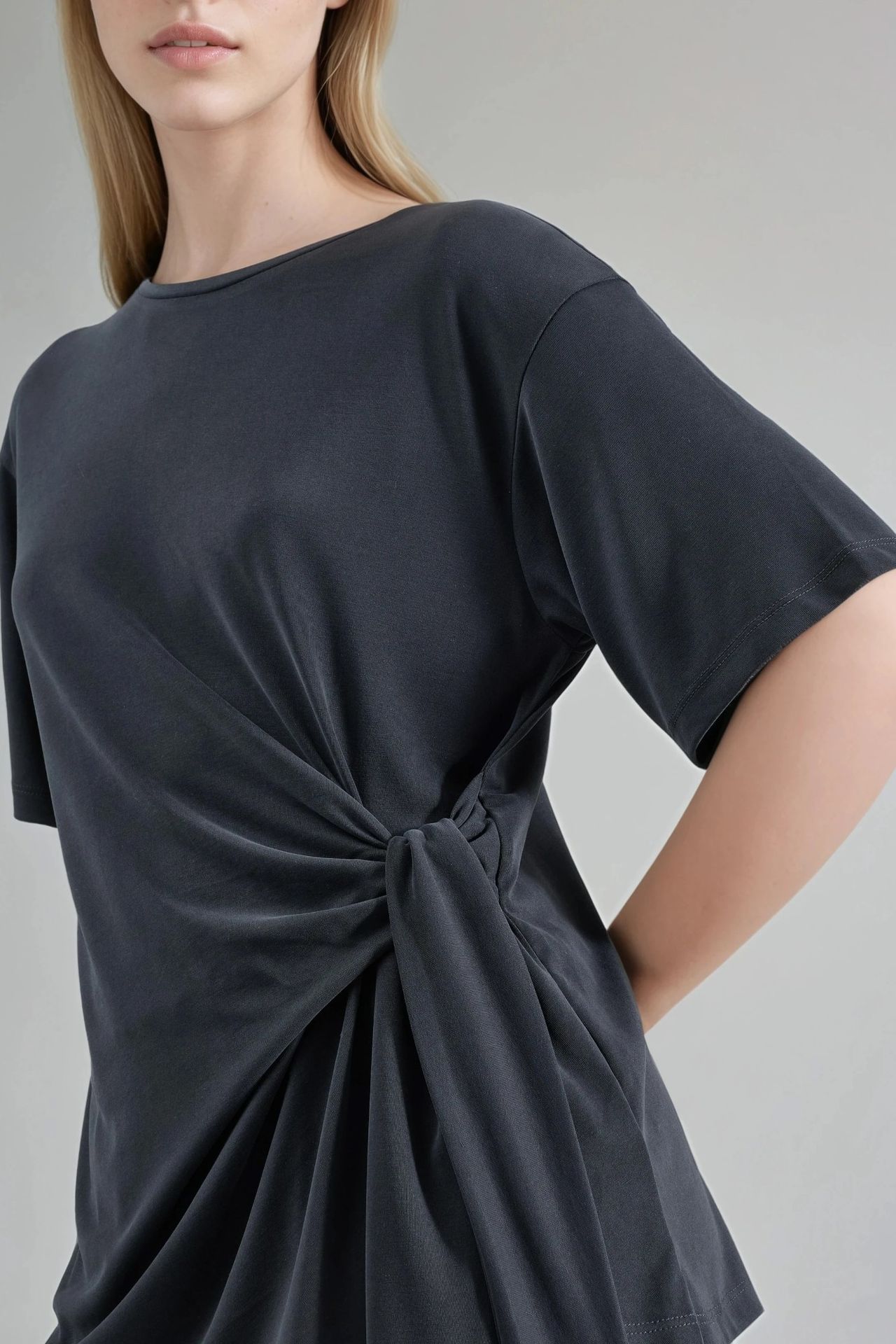 BUSEM Loose Fit Crew Neck Modal Blouse with Tie Detail 5