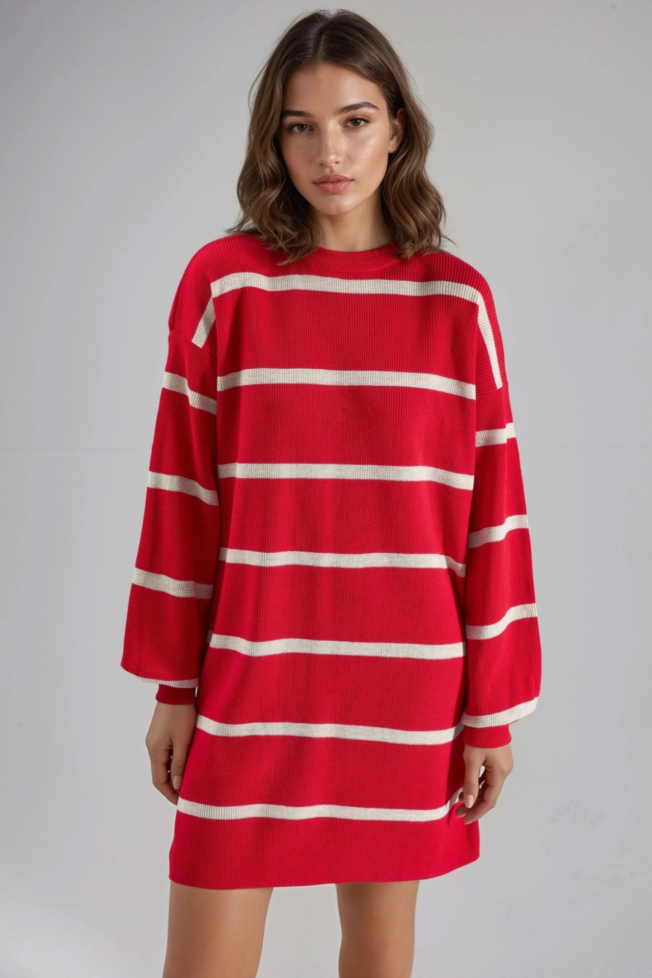 MY FASHION Ribbed Striped Knit Mini Dress with Crew Neck 7