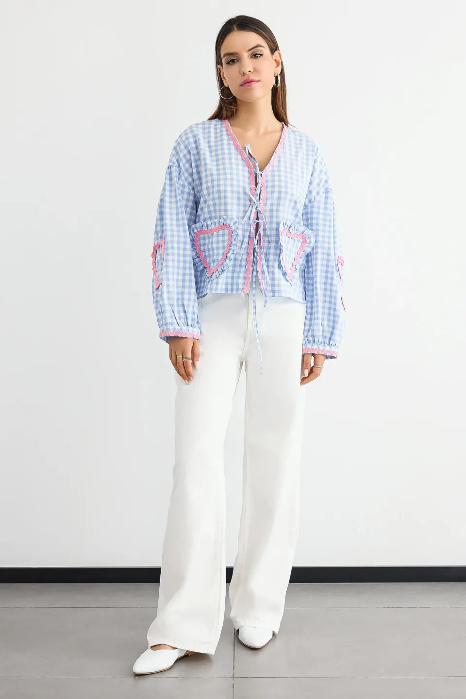 Checked V-Neck Tie-Front Blouse