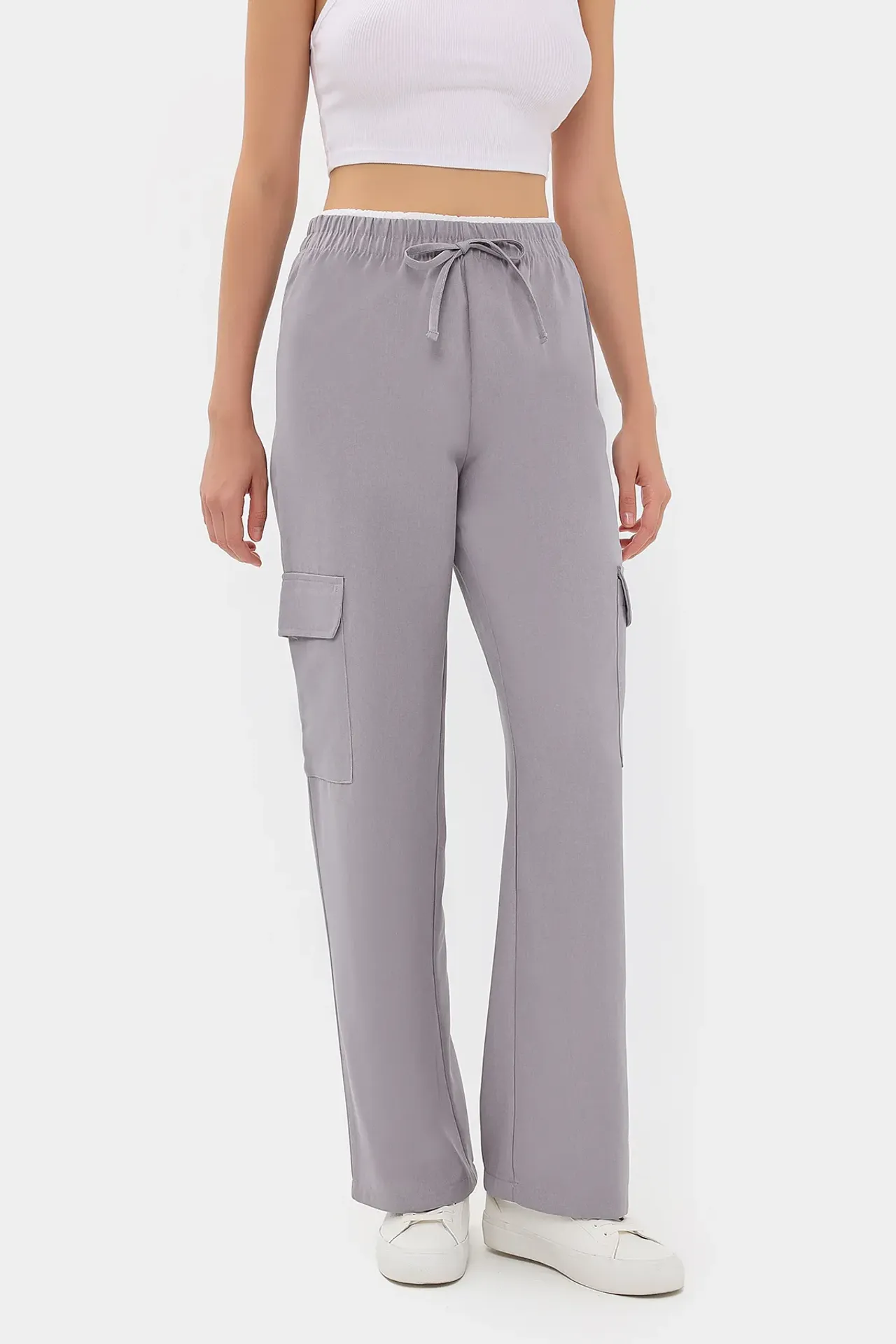 High-Waist Straight-Leg Trousers with Elastic Waistband and Belt Detail