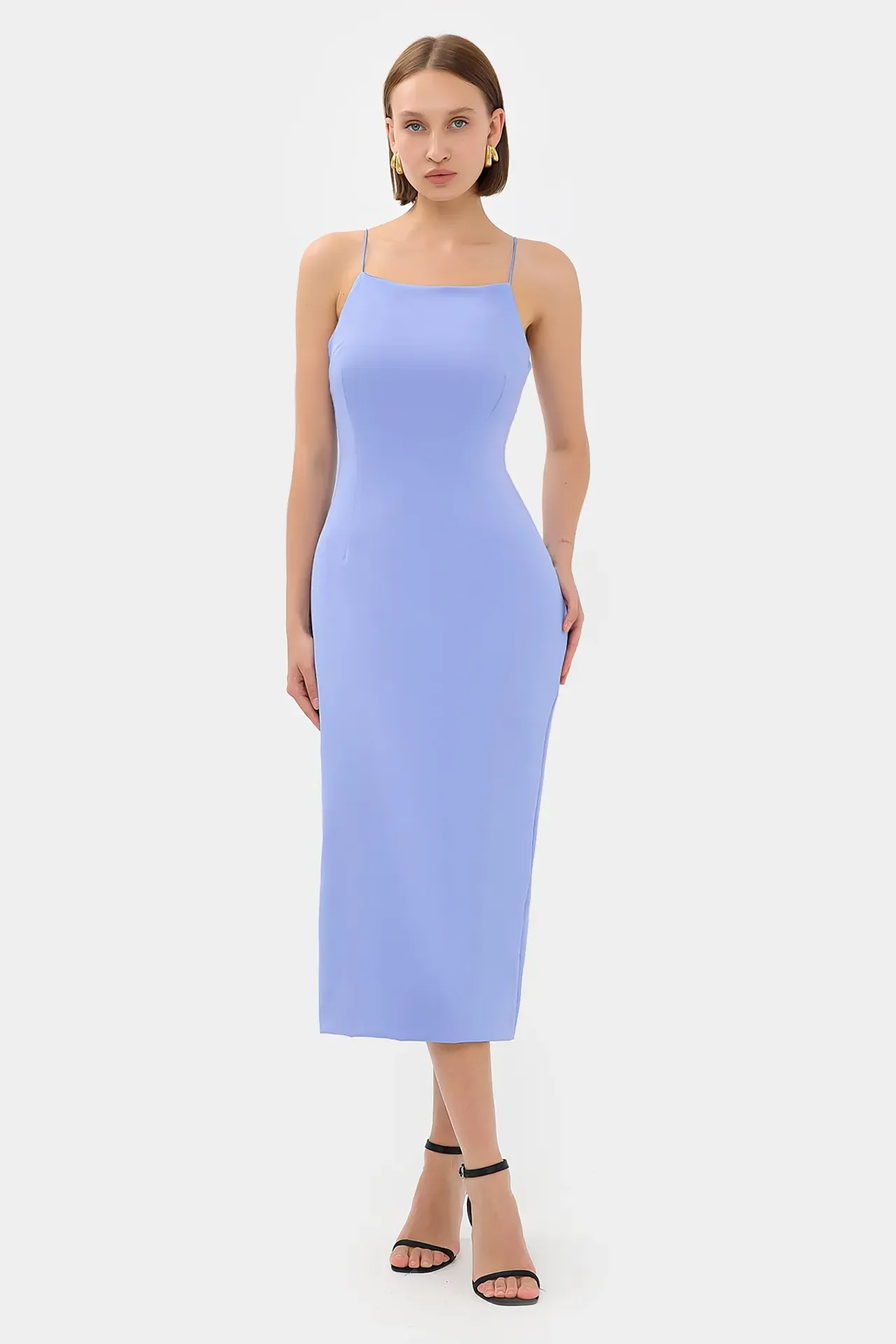 Solid Spaghetti-Strap Midi Dress with Slit