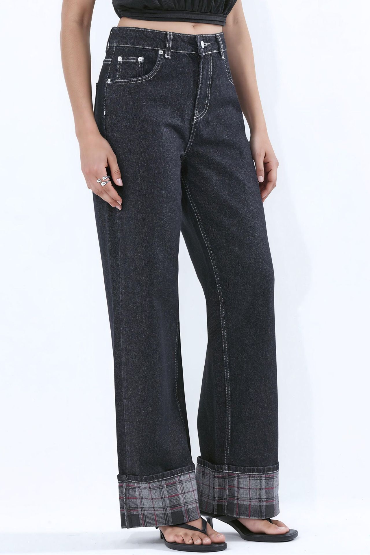 High Waist Wide Leg Jeans with Plaid Hem Detail 6