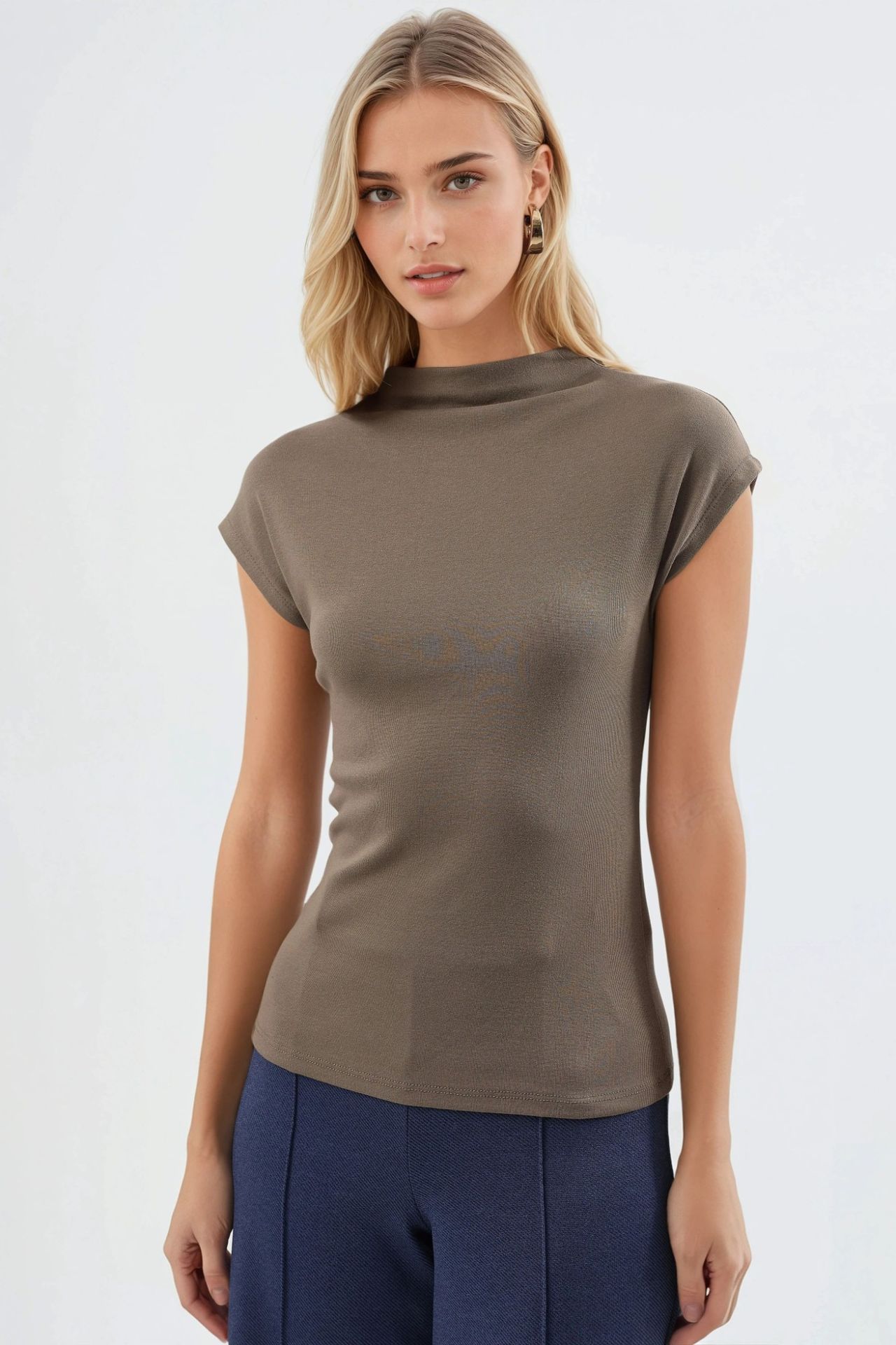 Fitted Mock Neck Cap Sleeve Knitted Blouse 7