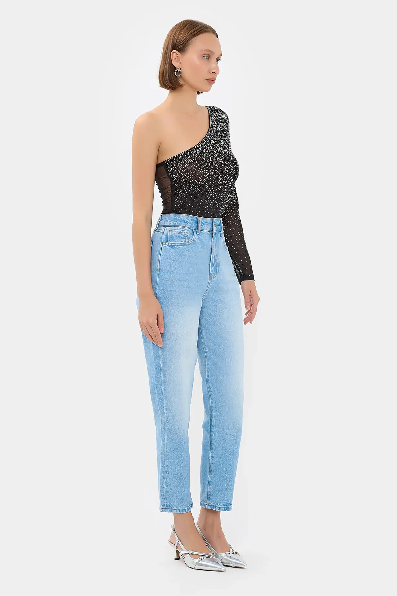 Stone-Embellished One-Shoulder Mesh Bodysuit