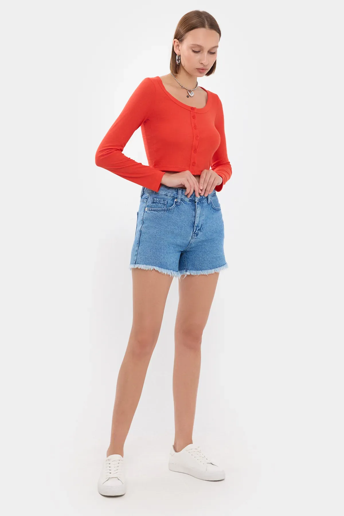 Round Neck Woven Top with Button Detail 1