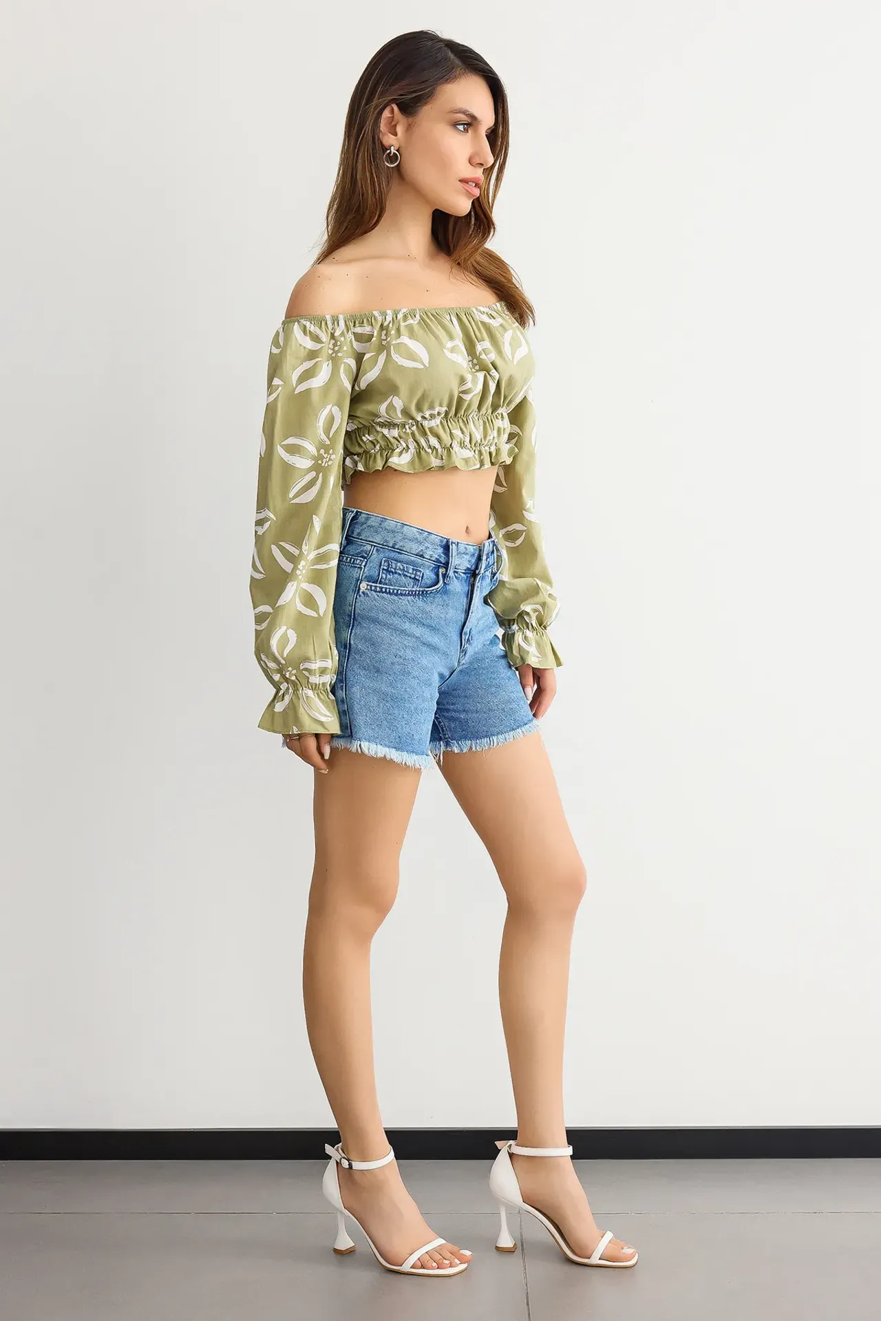 Patterned Off-Shoulder Long Sleeve Blouse with Sleeve Detail