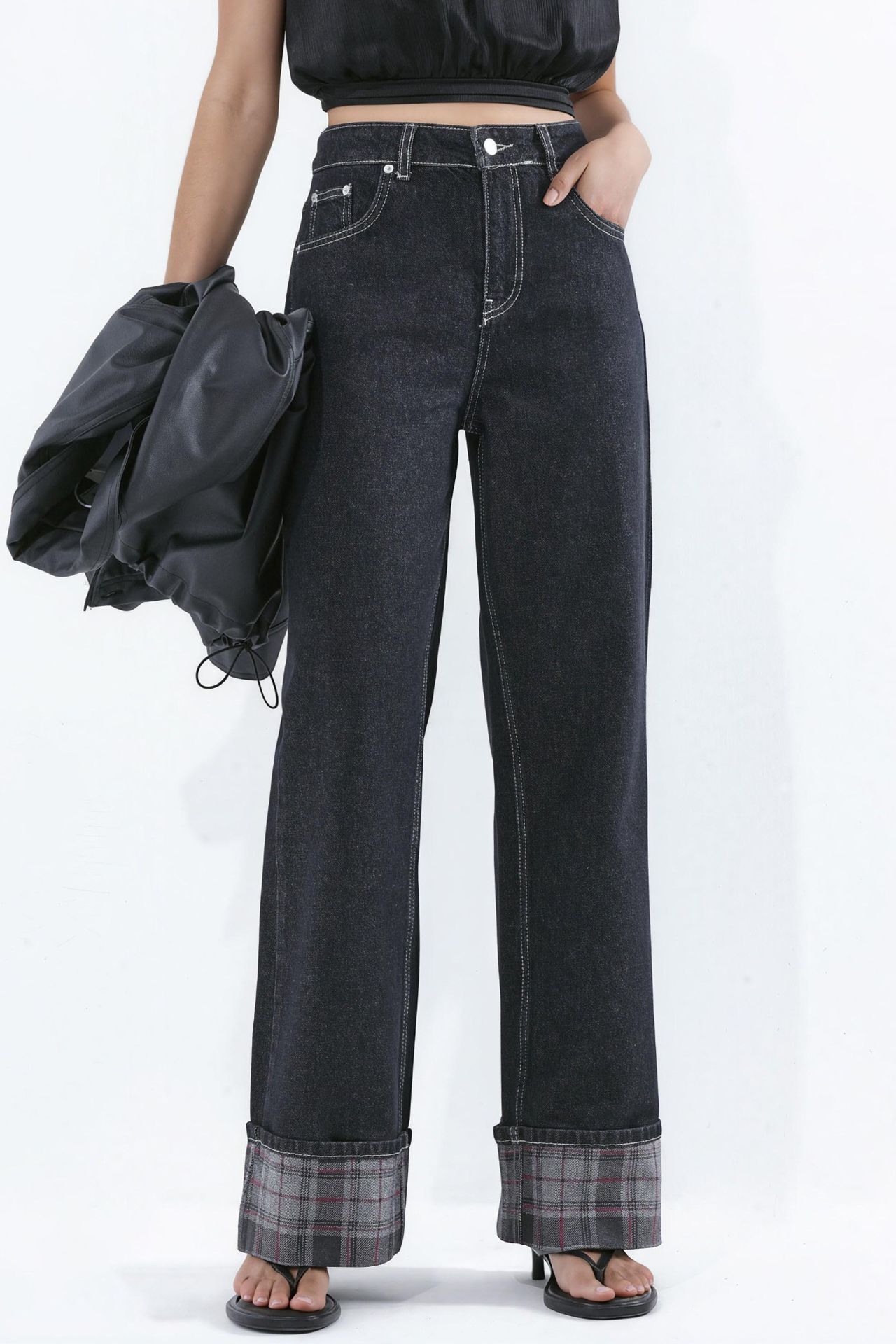 High Waist Wide Leg Jeans with Plaid Hem Detail 1