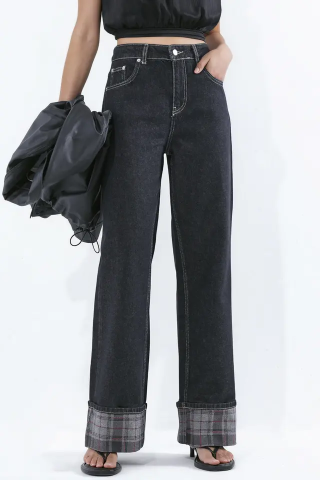 High Waist Wide Leg Jeans with Plaid Hem Detail