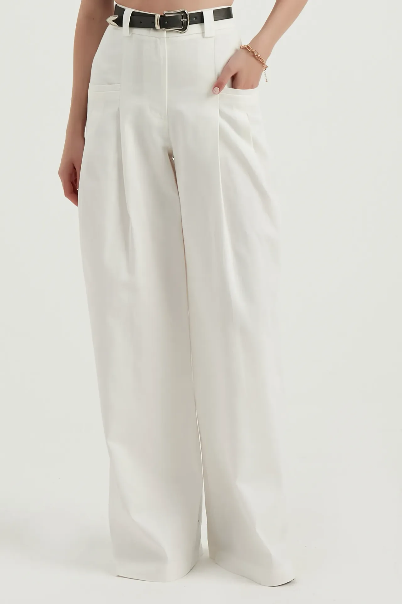 High Waist Pleated Belted Wide Leg Trousers with a Pocket Detail