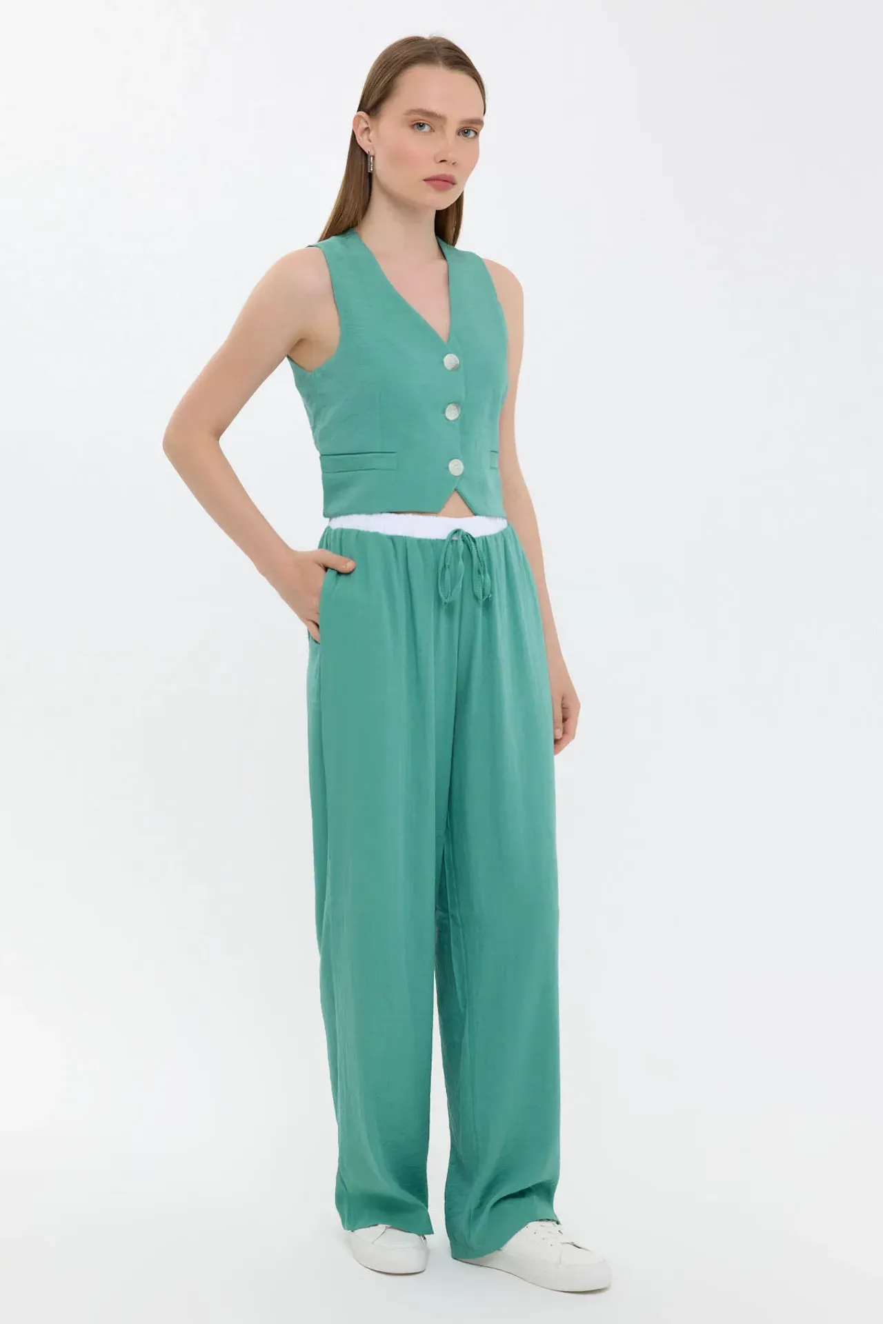 High-Waist Straight-Leg Coords with Belt Detail