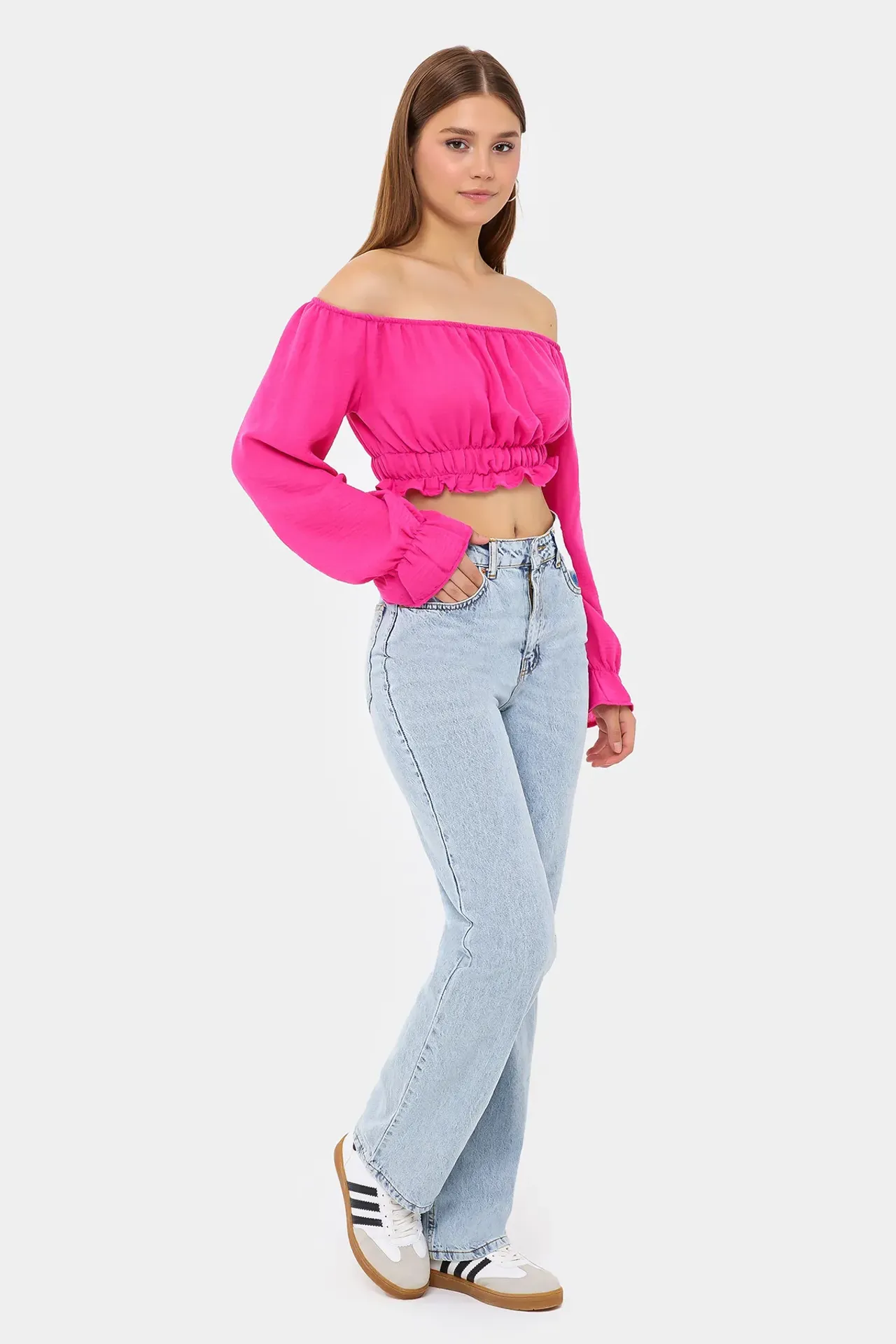 Off-Shoulder Linen Cropped Top with Long Sleeves and Ruffle Detail