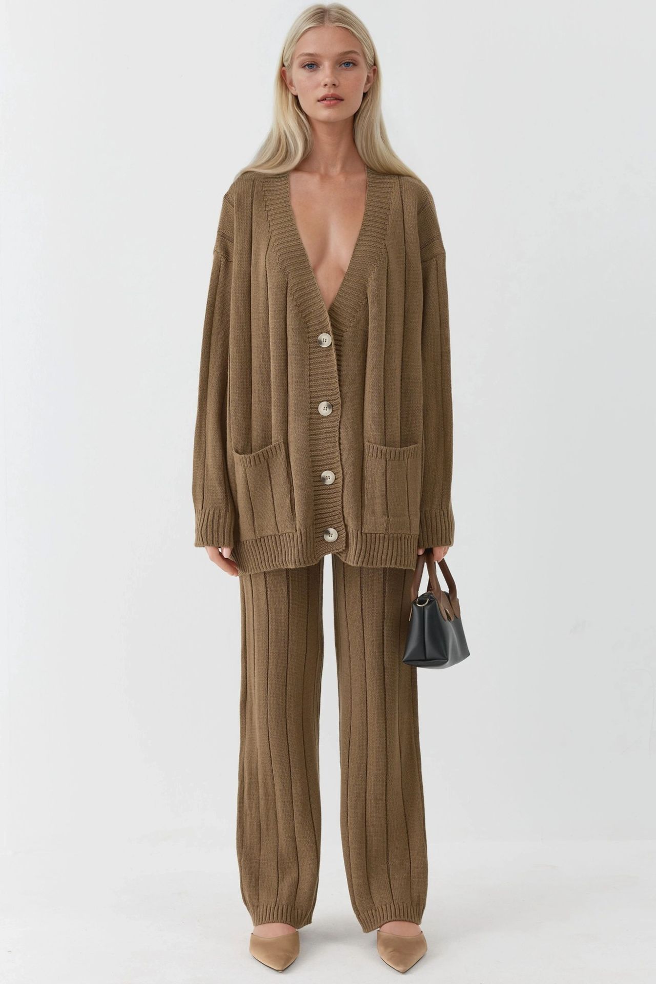 MY FASHION Textured Knit Co-ords with V-Neck Cardigan and Wide Leg Pants 4