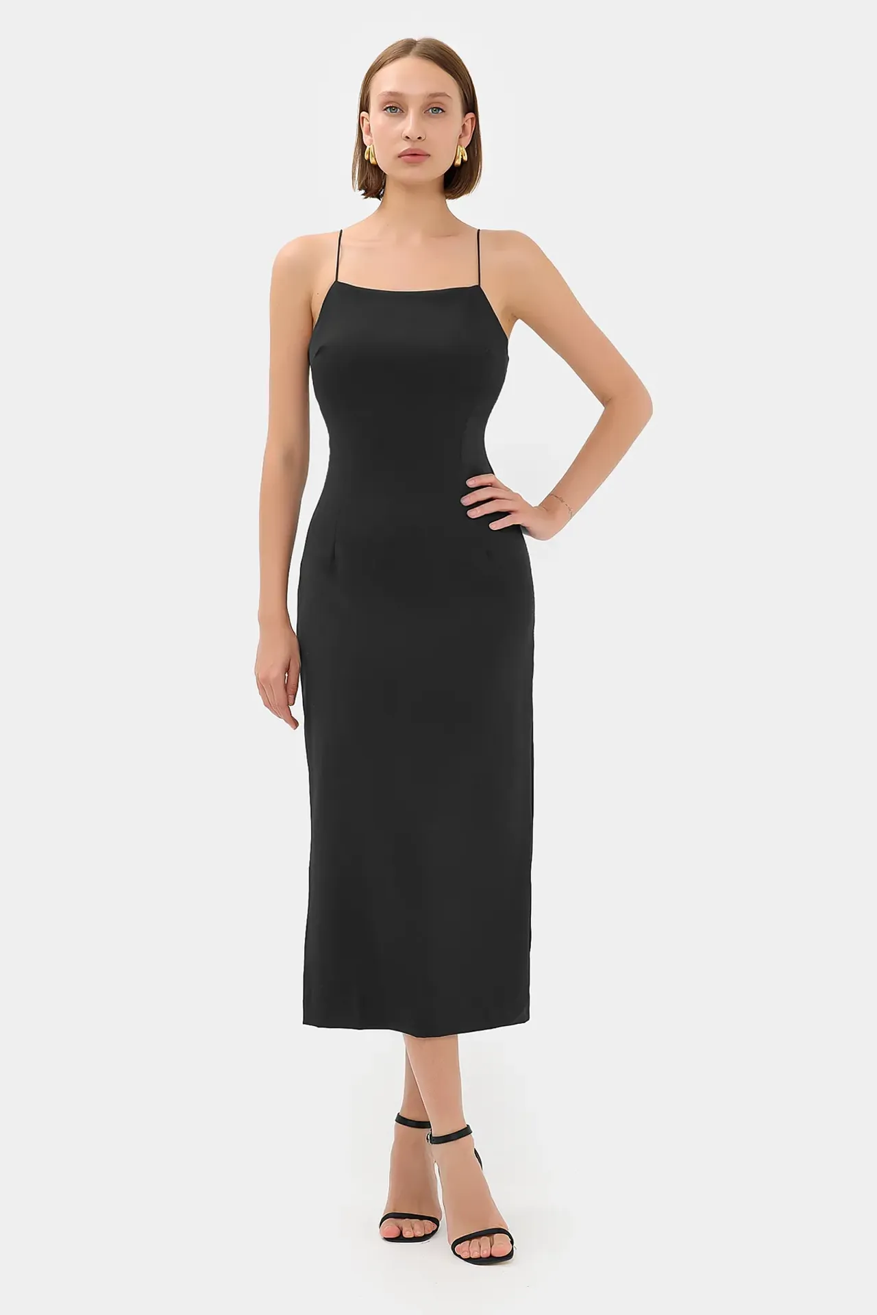 Solid Spaghetti-Strap Midi Dress with Slit