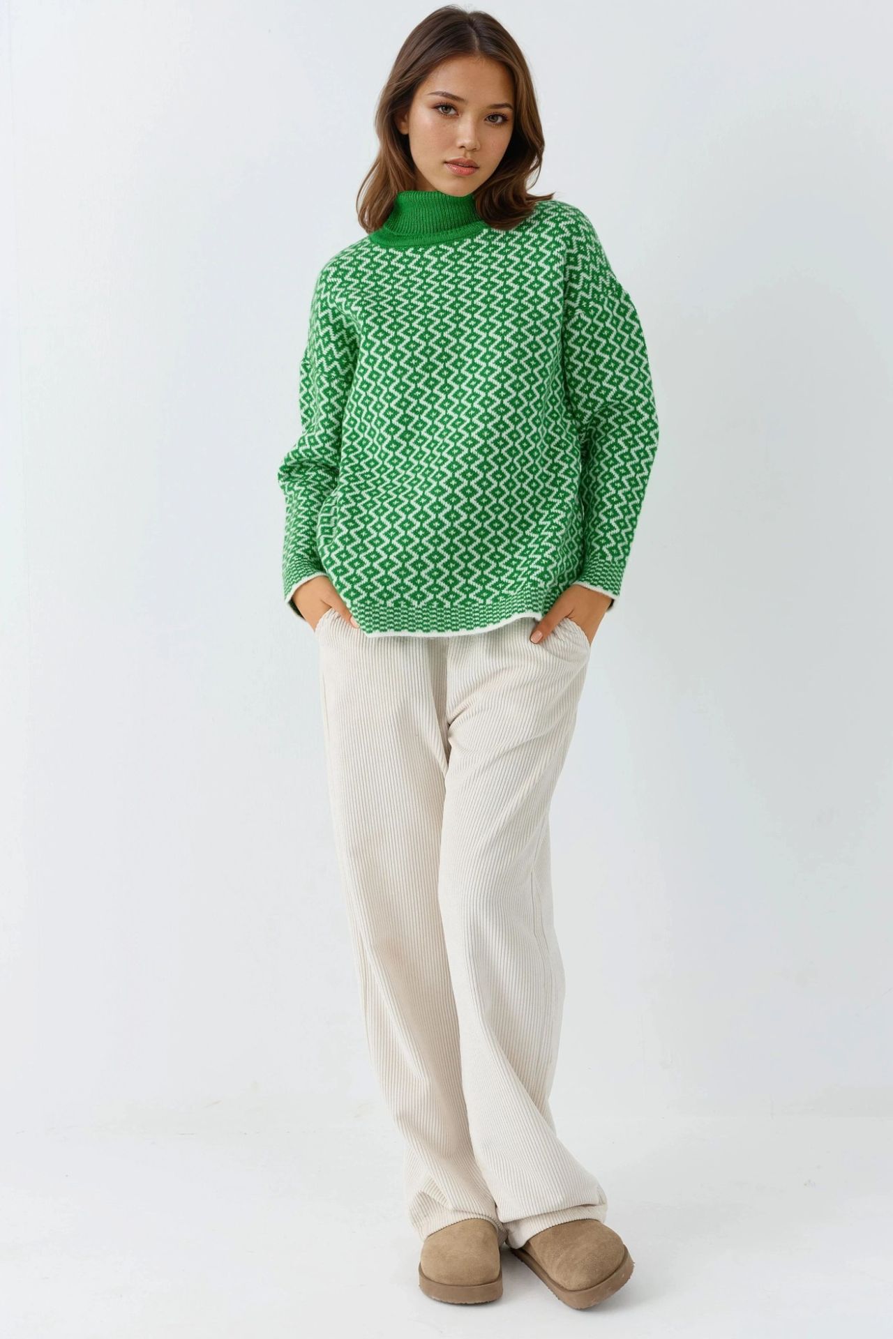 MY FASHION Long Turtleneck Geometric Pattern Ribbed Sweater 5