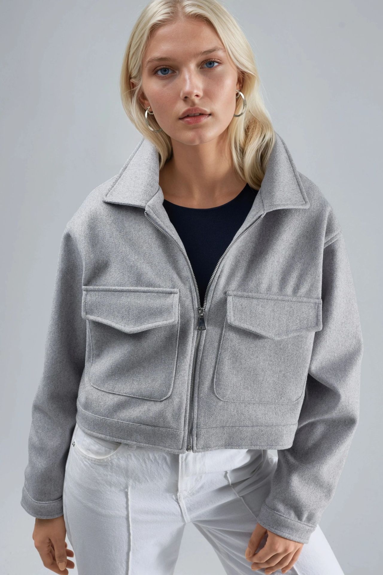 BUSEM Crop Gabardine Jacket with Zipper and Pocket 7