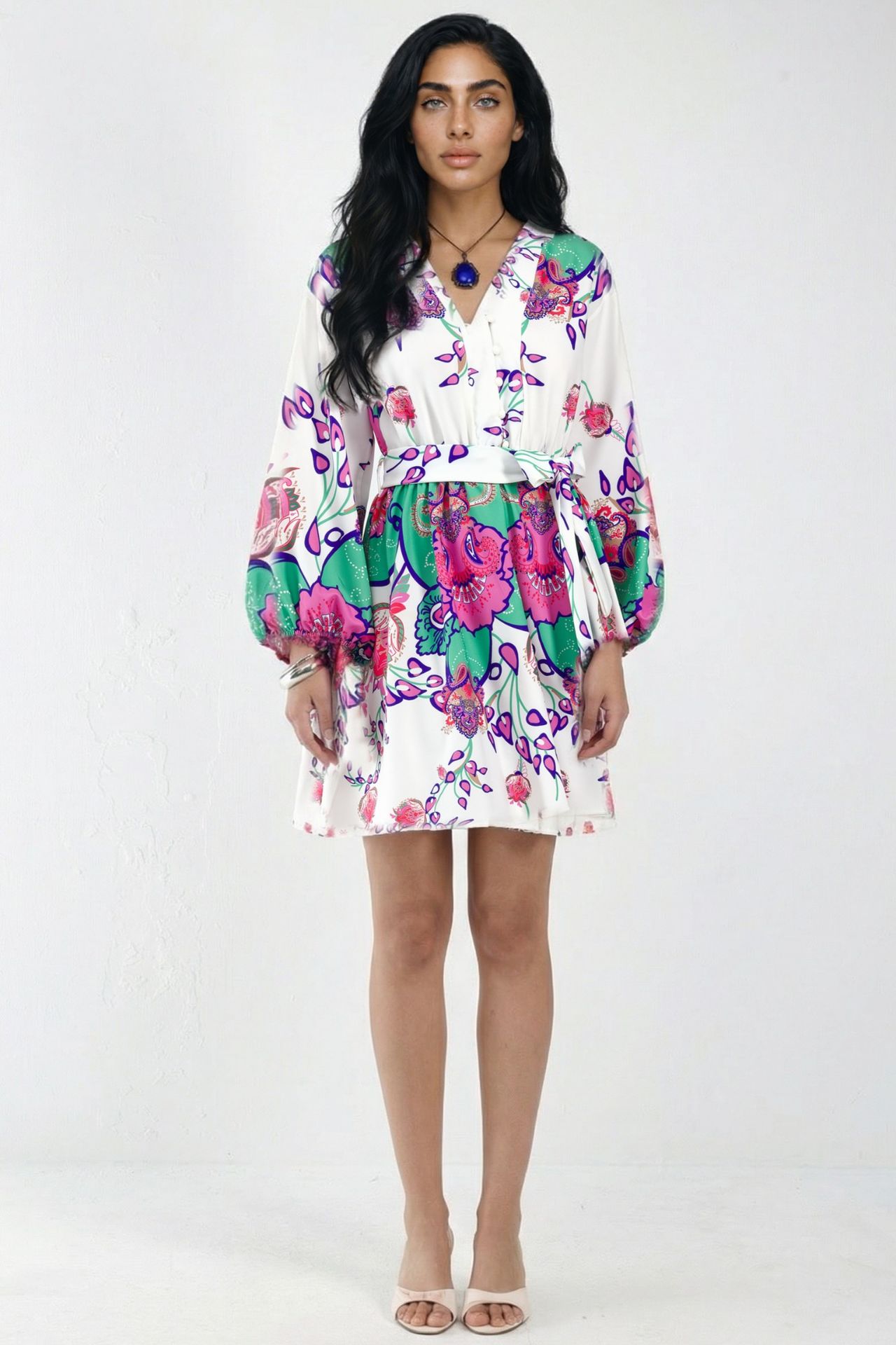 MSN Floral V-Neck A-Line Mini Dress with Belt 6