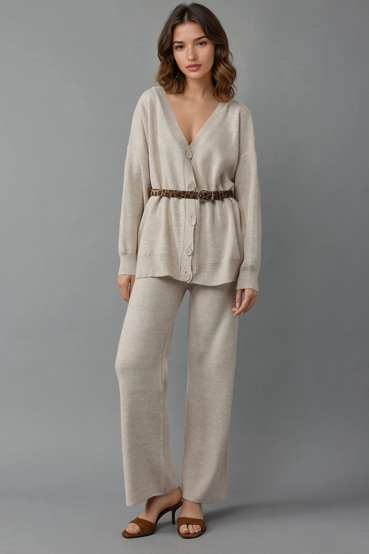 MY FASHION V-Neck Cardigan and Wide Leg Pants Knitwear Set 1