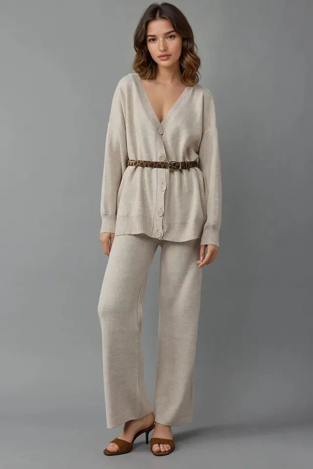 MY FASHION V-Neck Cardigan and Wide Leg Pants Knitwear Set