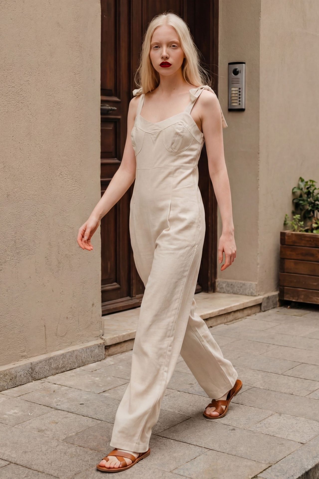 MY FASHION Sweetheart Neck Linen Blend Jumpsuit 1