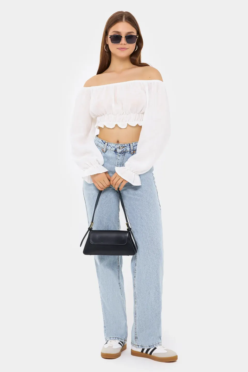 Off-Shoulder Linen Cropped Top with Long Sleeves and Ruffle Detail