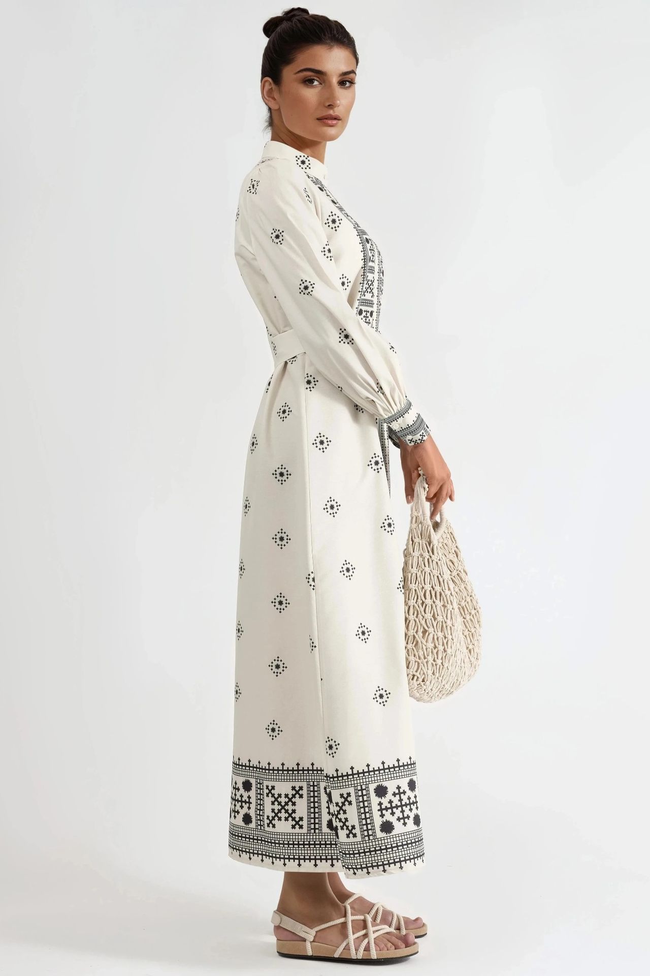 MSN Mandarin Collar Geometric Paneled Maxi Dress 3