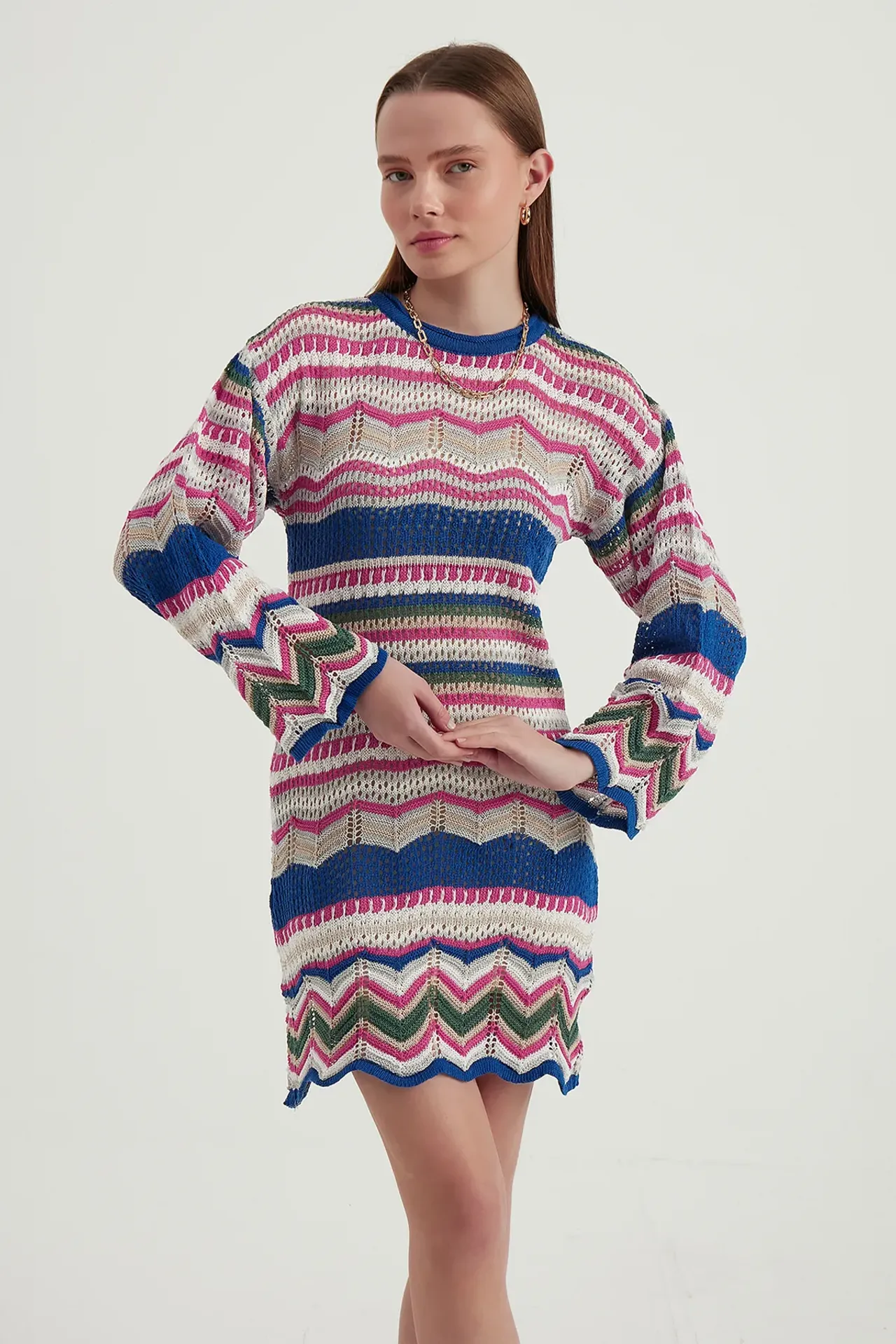 Geometric Crew Neck Crochet Bell Sleeves Mini Dress