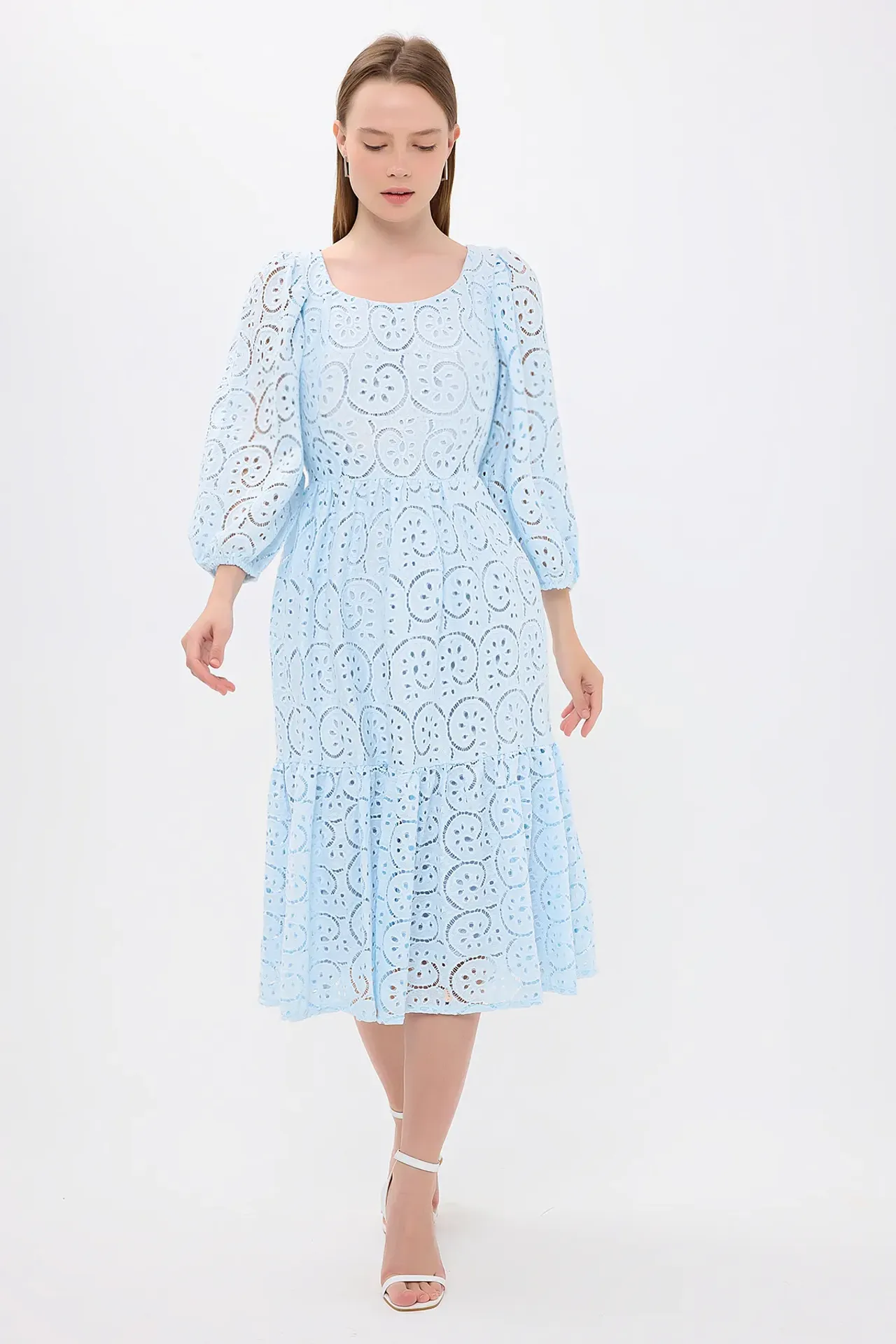 Long Sleeve Woven Round Neck Midi Dress