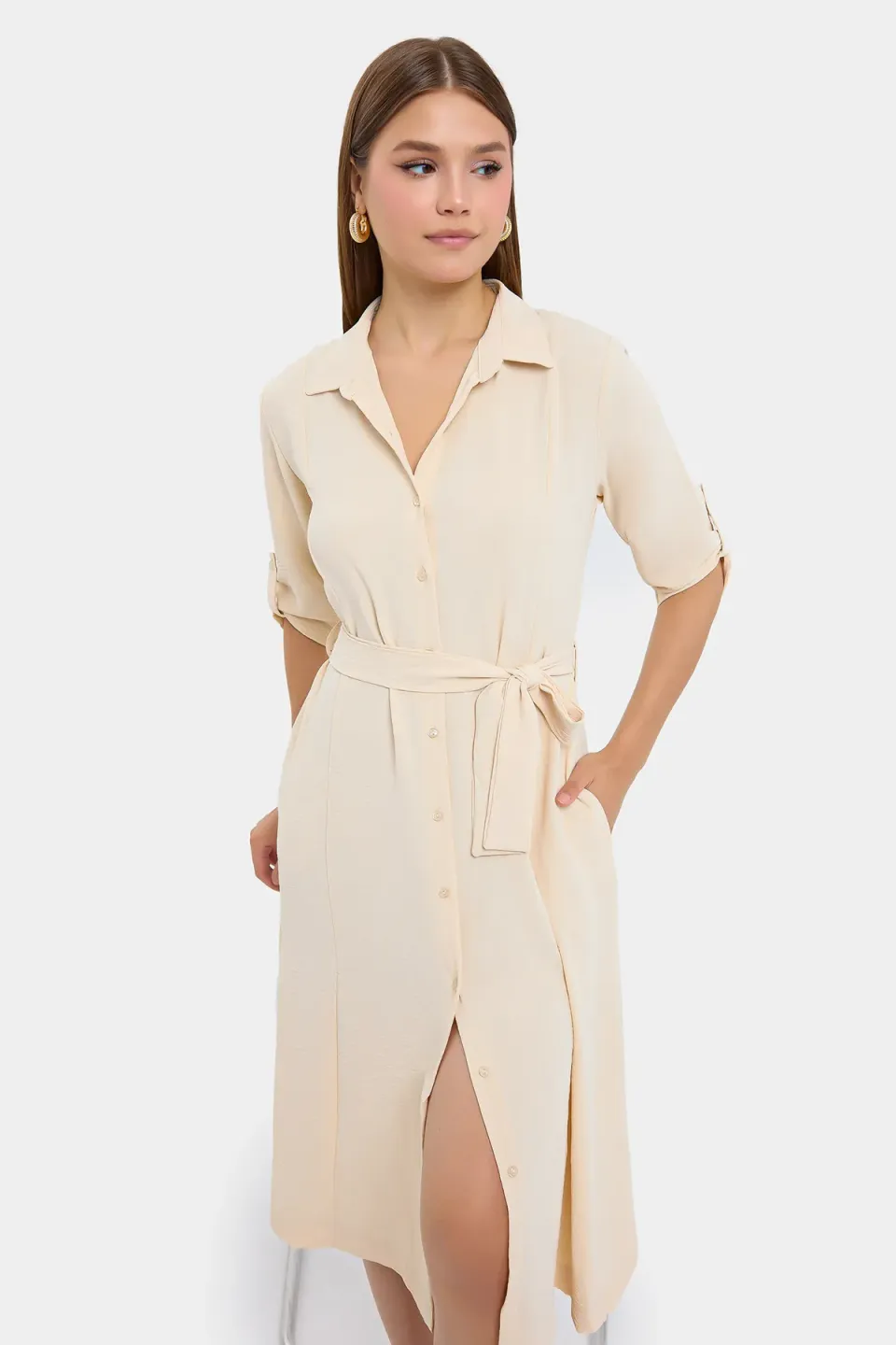 Buttoned Shirt Collar Midi Dress with Front Slit