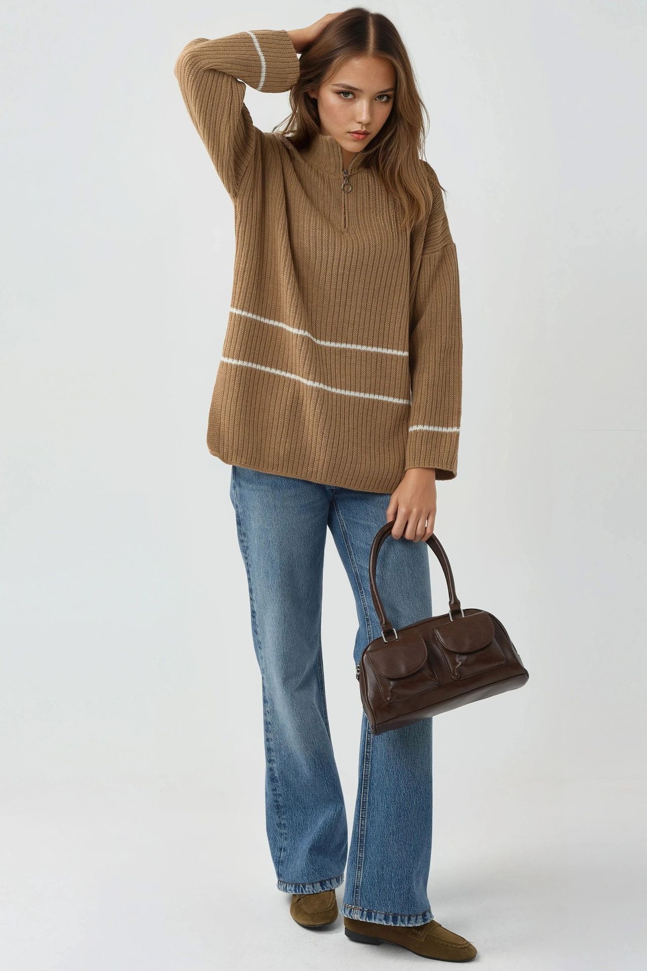 MY FASHION Loose Fit Striped Sweater with Zipper Collar 5