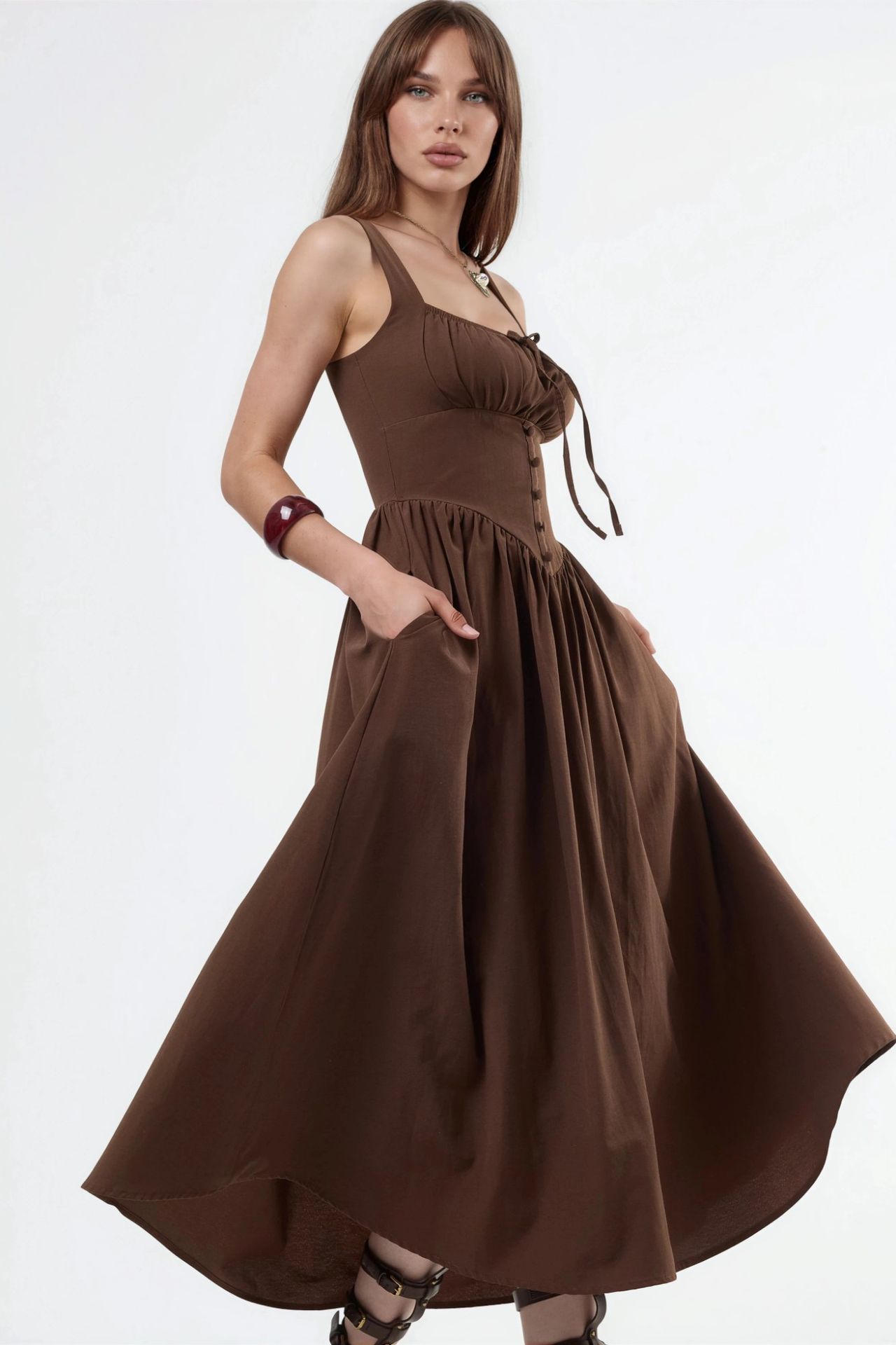 BUSEM Midi Dress with Square Collar and Button Detail