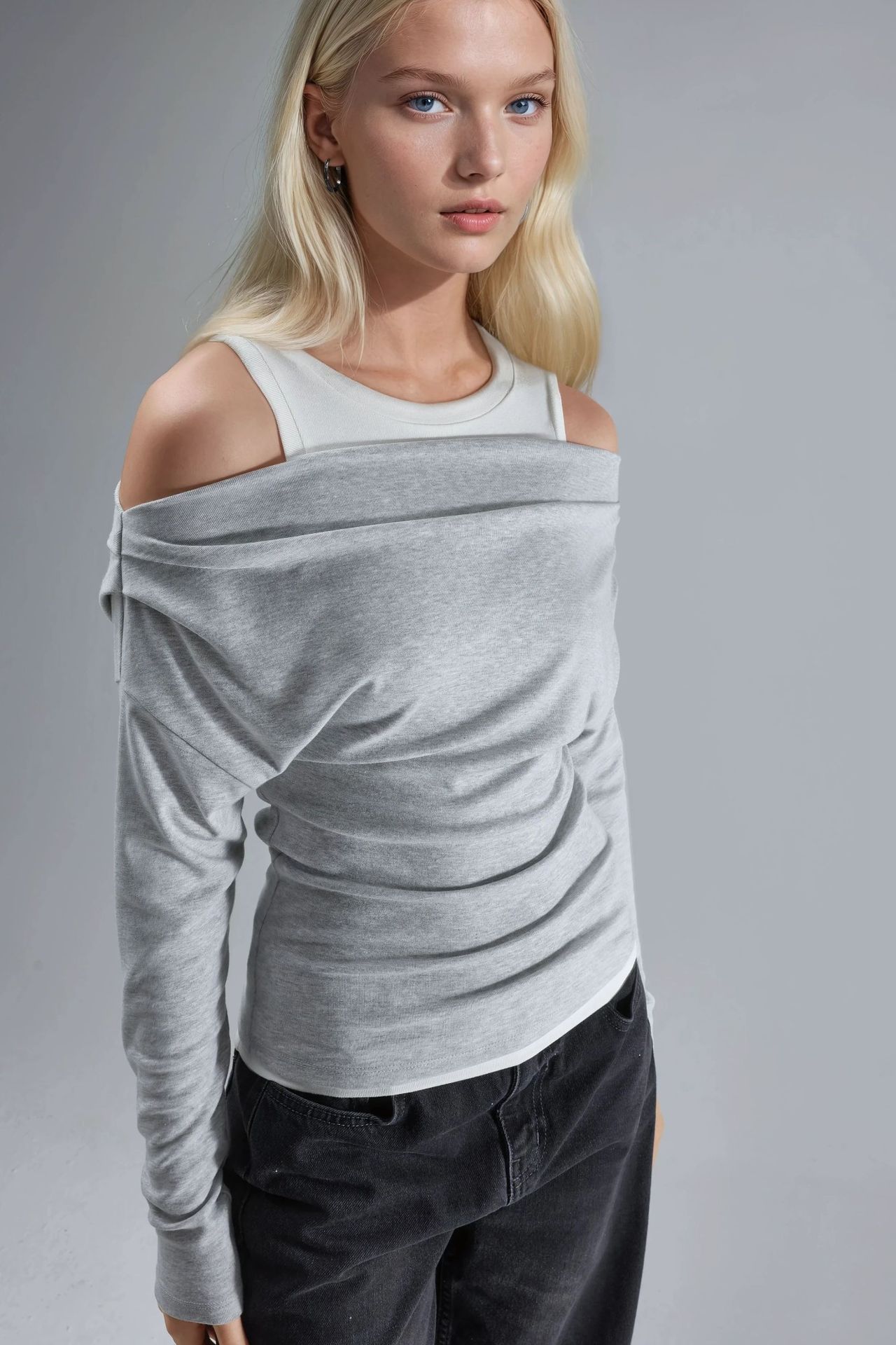 Soft Touch Crew Neck Long Sleeve Double Layer Knit Blouse 8