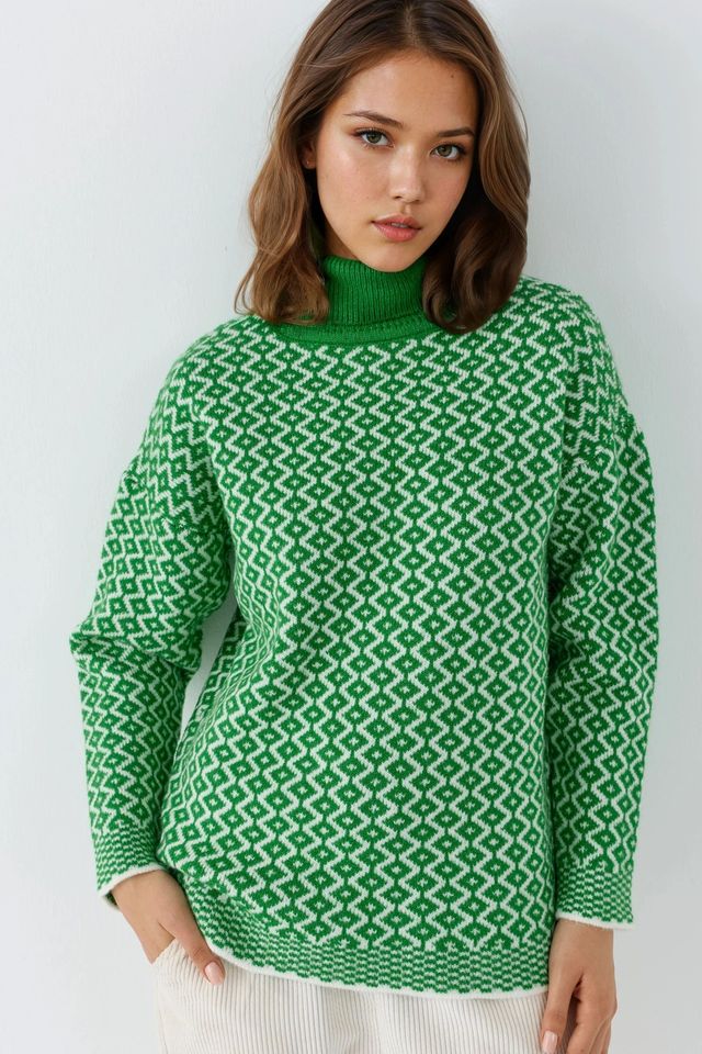 MY FASHION Long Turtleneck Geometric Pattern Ribbed Sweater