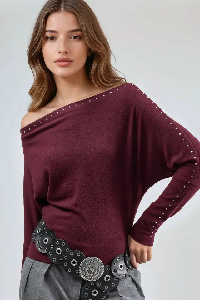 BUSEM Boat Neck Blouse with Stone Accessory