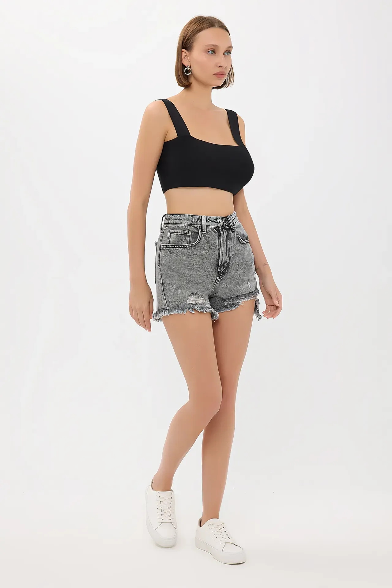 High-Waist Ripped Denim Mini Shorts
