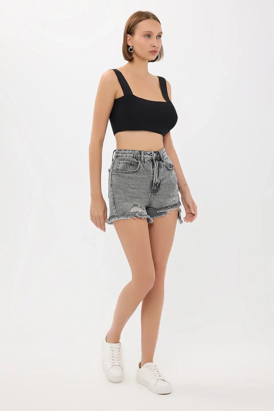 High-Waist Ripped Denim Mini Shorts