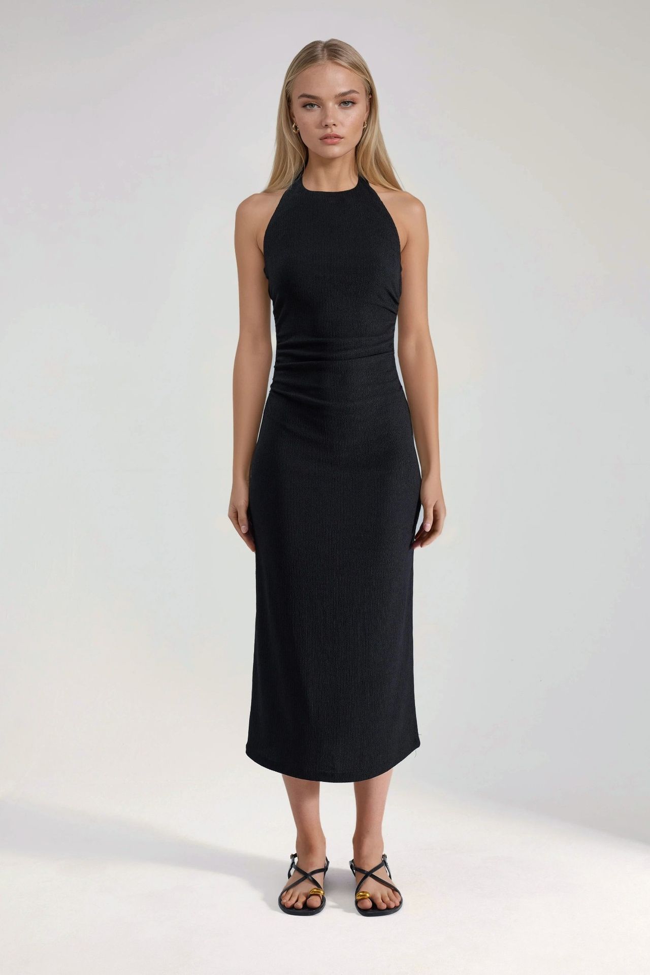 Textured Midi Bodycon Dress with Halter Collar 9