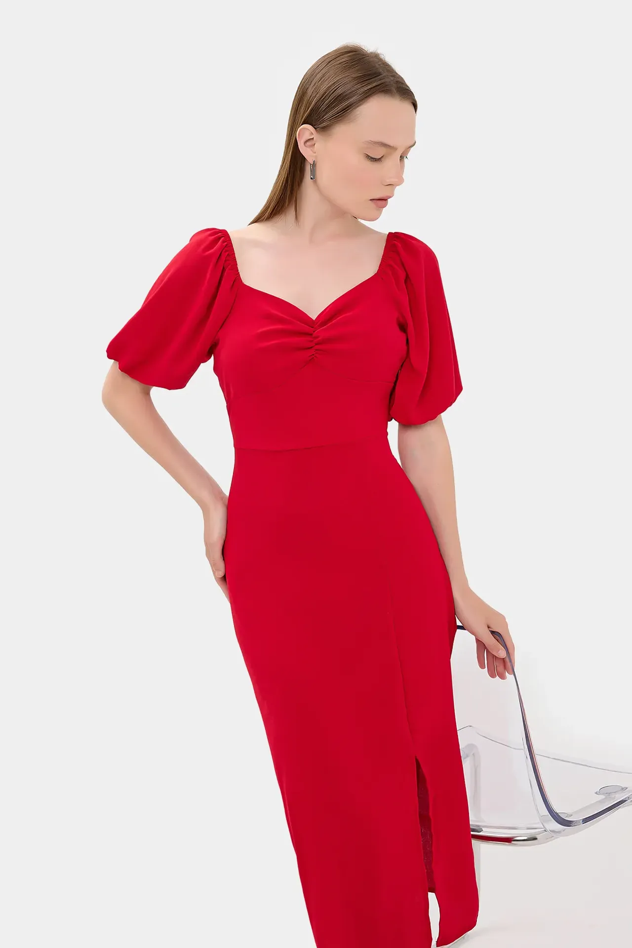 Sweetheart Neck Midi Dress with a Side Slit
