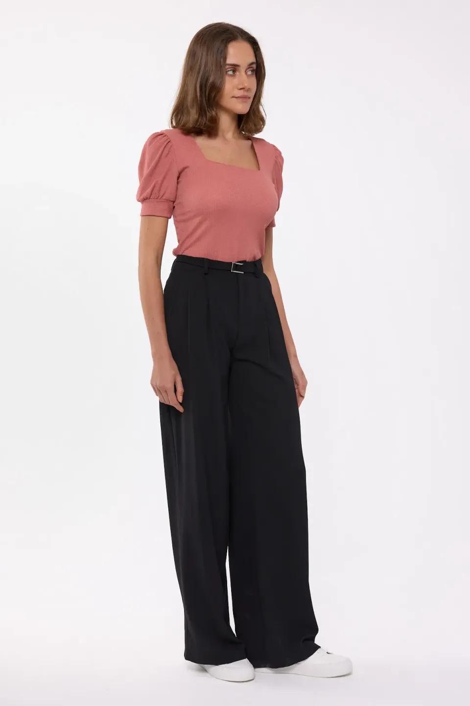 Square-Neck Woven Short-Sleeve Crop Top